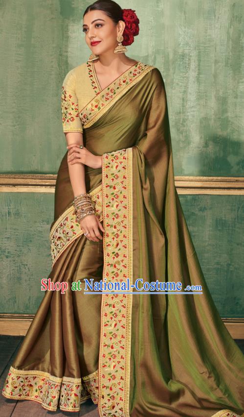 Asian India National Dance Khaki Silk Saree Asia Indian Traditional Costumes Court Princess Bollywood Blouse and Sari Dress for Women