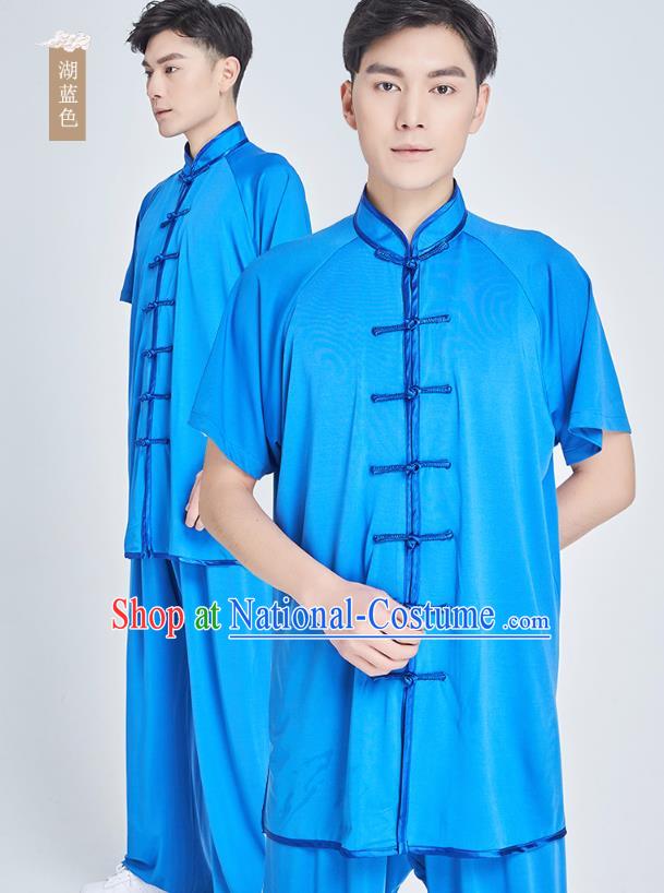 Top Grade Kung Fu Costume Martial Arts Training Lake Blue Milk Fiber Uniform Shaolin Gongfu Tai Ji Clothing for Men