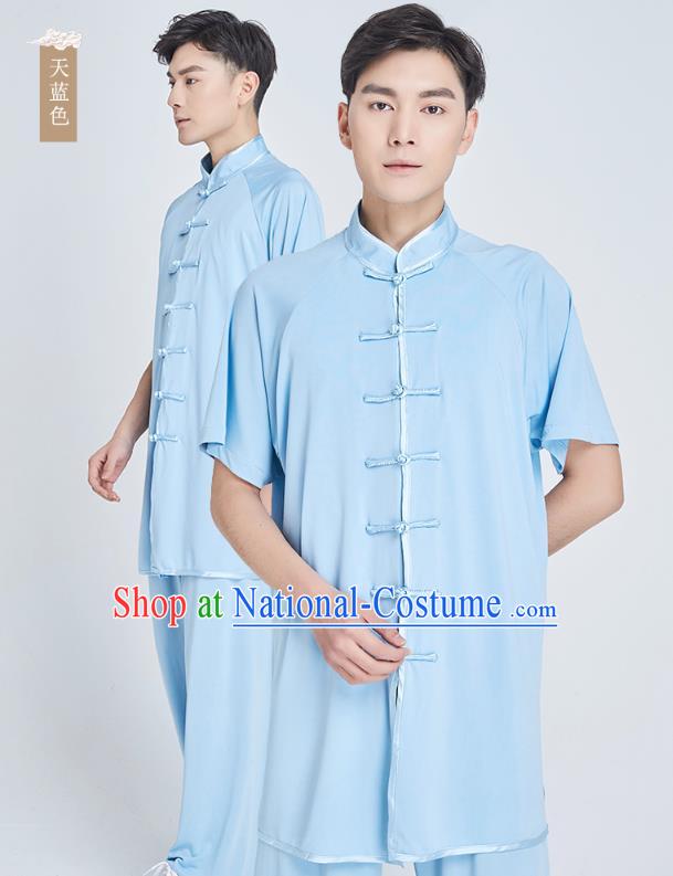 Top Grade Kung Fu Costume Martial Arts Training Light Blue Milk Fiber Uniform Shaolin Gongfu Tai Ji Clothing for Men