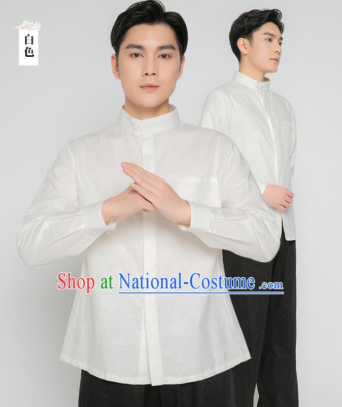 Asian Chinese Traditional Martial Arts Costumes China Kung Fu Outfits White Flax Shirt and Black Pants for Men