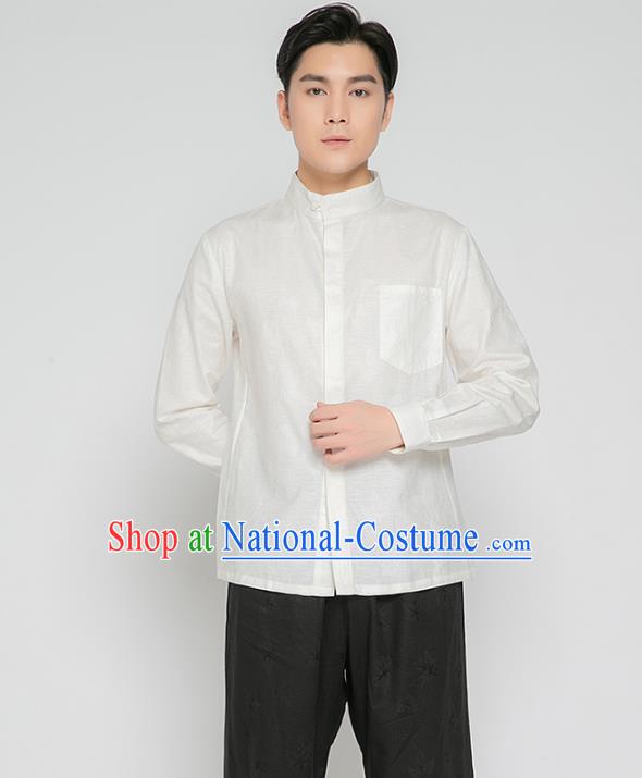 Asian Chinese Traditional Martial Arts Costumes China Kung Fu Outfits White Flax Shirt and Black Pants for Men