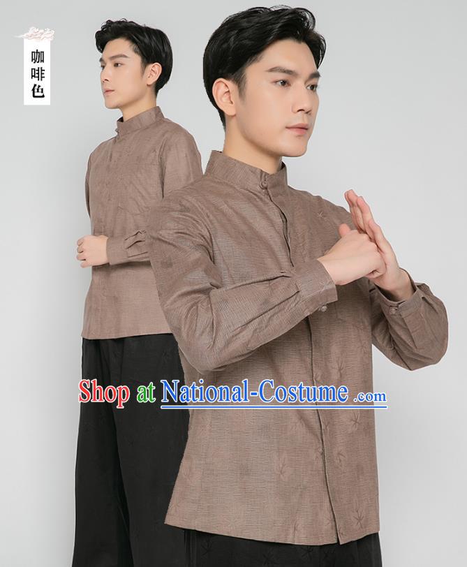 Asian Chinese Traditional Martial Arts Costumes China Kung Fu Outfits Brown Flax Shirt and Black Pants for Men