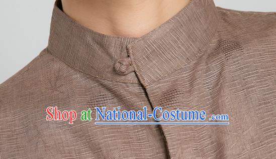 Asian Chinese Traditional Martial Arts Costumes China Kung Fu Outfits Brown Flax Shirt and Black Pants for Men