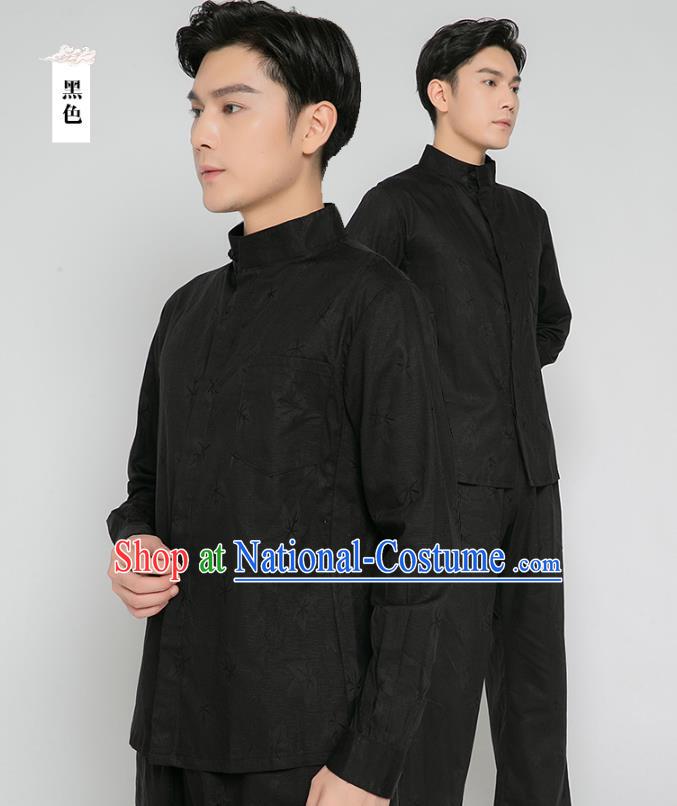 Asian Chinese Traditional Martial Arts Costumes China Kung Fu Outfits Black Flax Shirt and Black Pants for Men