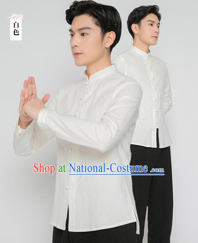 Asian Chinese Traditional White Flax Shirt and Black Pants Martial Arts Costumes China Kung Fu Outfits for Men