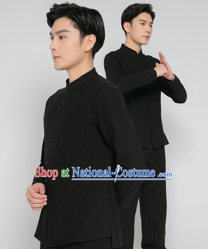 Asian Chinese Traditional Black Flax Shirt and Black Pants Martial Arts Costumes China Kung Fu Outfits for Men