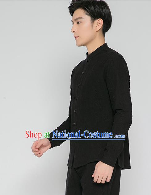 Asian Chinese Traditional Black Flax Shirt and Black Pants Martial Arts Costumes China Kung Fu Outfits for Men