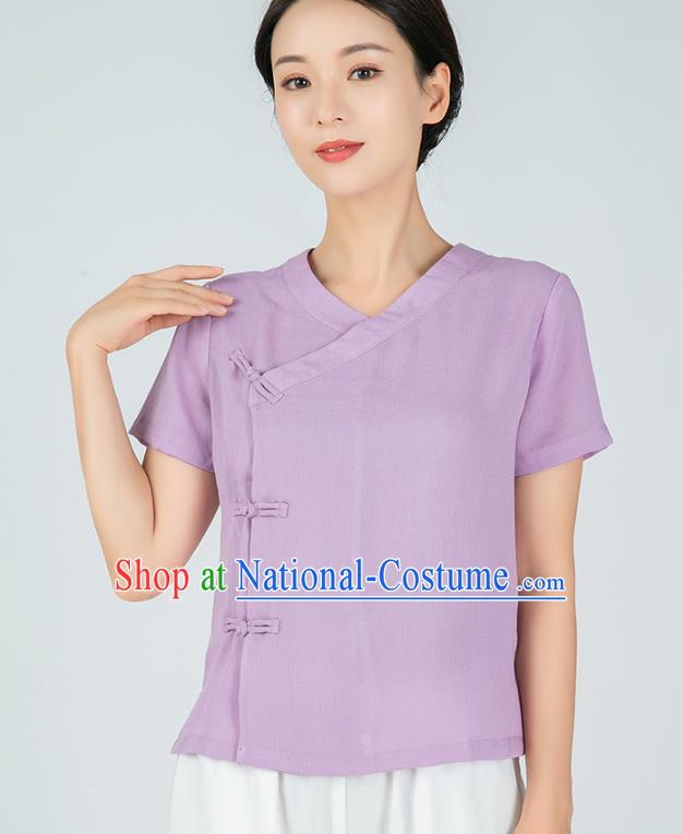 Professional Kung Fu Training Lilac Flax Blouse Martial Arts Shaolin Gongfu Costumes Tang Suit Tai Ji Upper Outer Garment for Women