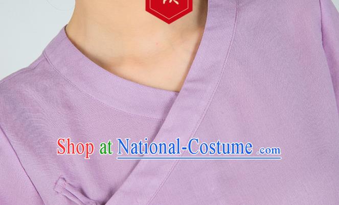 Professional Kung Fu Training Lilac Flax Blouse Martial Arts Shaolin Gongfu Costumes Tang Suit Tai Ji Upper Outer Garment for Women