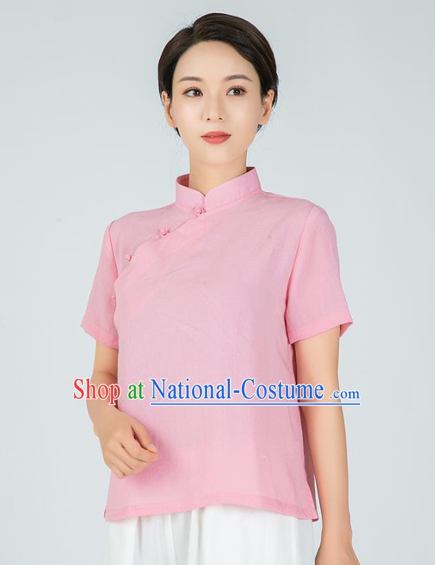 Professional Chinese Tang Suit Pink Flax Blouse Martial Arts Shaolin Gongfu Costumes Kung Fu Training Garment Tai Ji Upper Outer for Women