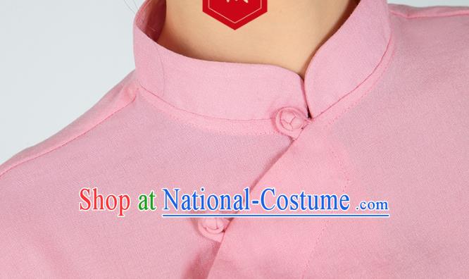 Professional Chinese Tang Suit Pink Flax Blouse Martial Arts Shaolin Gongfu Costumes Kung Fu Training Garment Tai Ji Upper Outer for Women