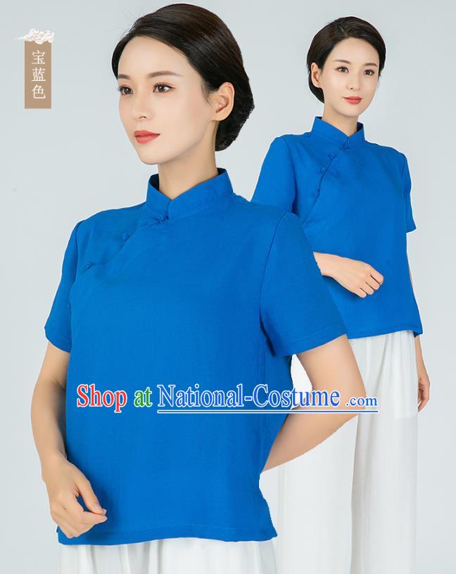 Professional Chinese Tang Suit Royalblue Flax Blouse Martial Arts Shaolin Gongfu Costumes Kung Fu Training Garment Tai Ji Upper Outer for Women