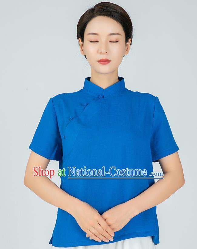 Professional Chinese Tang Suit Royalblue Flax Blouse Martial Arts Shaolin Gongfu Costumes Kung Fu Training Garment Tai Ji Upper Outer for Women