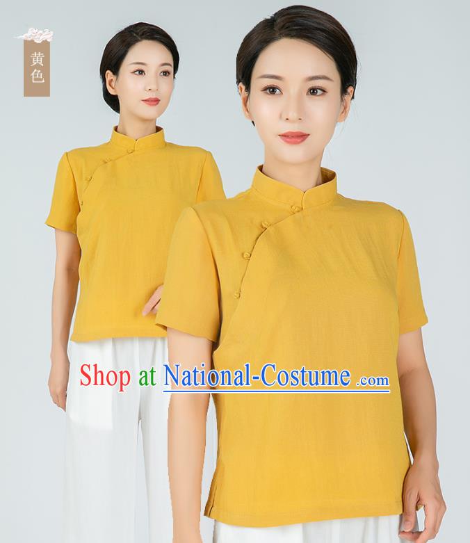 Professional Chinese Tang Suit Yellow Flax Blouse Martial Arts Shaolin Gongfu Costumes Kung Fu Training Garment Tai Ji Upper Outer for Women