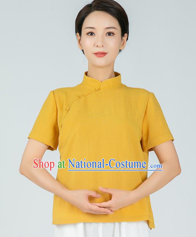 Professional Chinese Tang Suit Yellow Flax Blouse Martial Arts Shaolin Gongfu Costumes Kung Fu Training Garment Tai Ji Upper Outer for Women