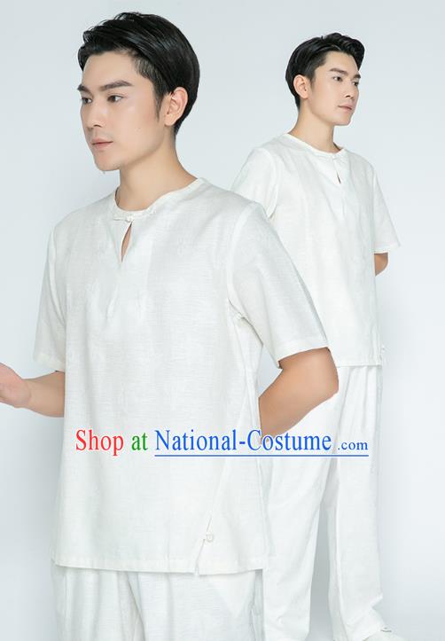 Top Grade Chinese Martial Arts Training Jacquard White Flax Uniforms Kung Fu Costume Shaolin Gongfu Tai Ji Shirt and Pants for Men