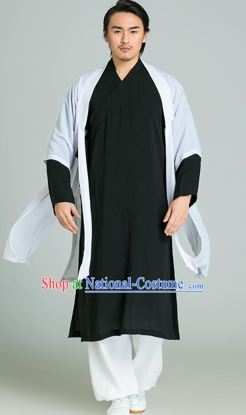 Top Grade Chinese Tai Ji Training Uniforms Kung Fu Martial Arts Costume Shaolin Gongfu White Cloak Black Shirt and Pants for Men