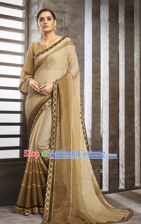 Asian India National Bride Brown Chiffon Saree Dress Asia Indian Festival Blouse and Sari Traditional Bollywood Dance Costumes for Women