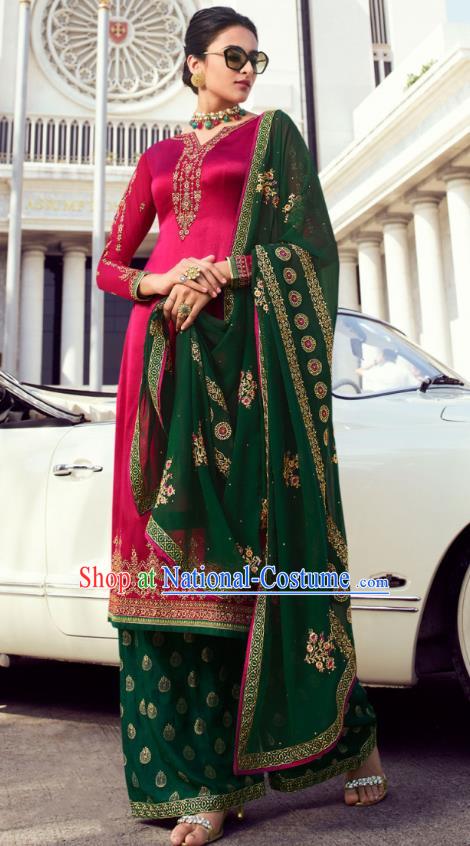 Asian India Traditional Informal Costumes Asia Indian National Punjab Suits Rosy Satin Blouse Shawl and Green Loose Pants for Rich Woman