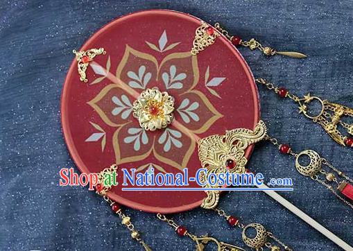 China Traditional Tang Dynasty Bride Circular Fan Classical Dance Red Silk Rose Fan Handmade Wedding Palace Fan