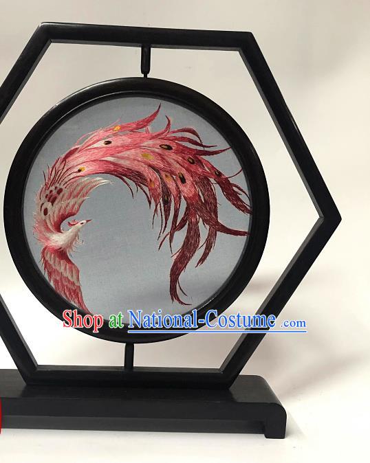 China Suzhou Embroidered Craft Handmade Wenge Ornament Traditional Embroidery Phoenix Table Screen