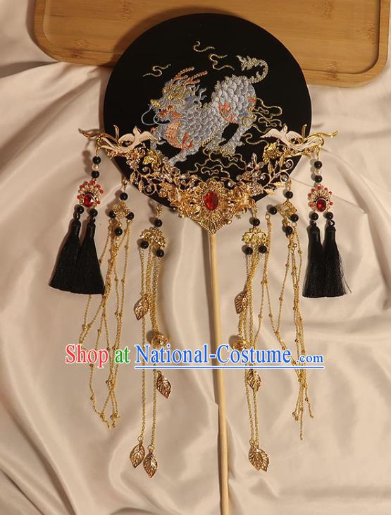 China Handmade Bride Palace Fan Traditional Wedding Black Fan Classical Dance Embroidered Kylin Circular Fan