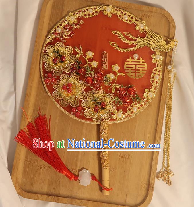 China Handmade Bride Golden Phoenix Palace Fan Traditional Wedding Circular Fan Classical Dance Pomegranate Fan