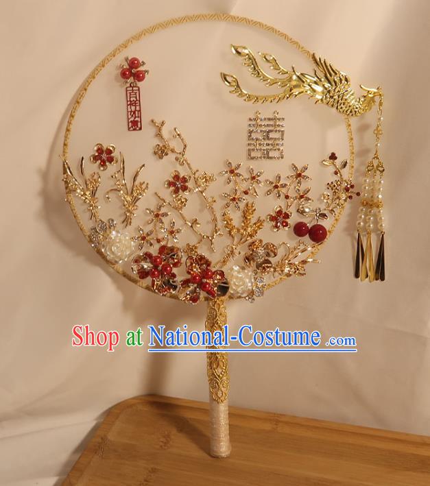 China Traditional Wedding Red Cherry Circular Fan Classical Dance Silk Fan Handmade Bride Shell Rose Palace Fan