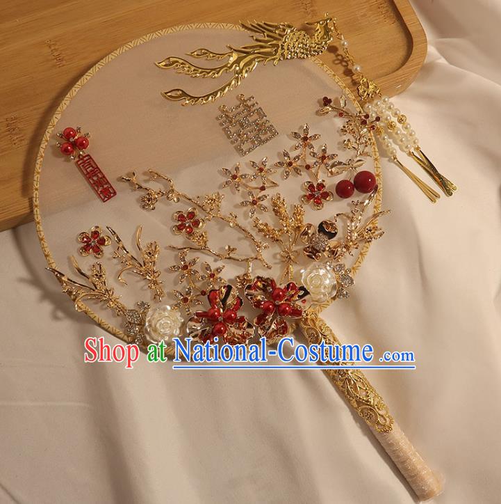 China Traditional Wedding Red Cherry Circular Fan Classical Dance Silk Fan Handmade Bride Shell Rose Palace Fan