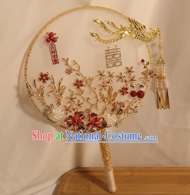 China Traditional Wedding Red Cherry Circular Fan Classical Dance Silk Fan Handmade Bride Shell Rose Palace Fan