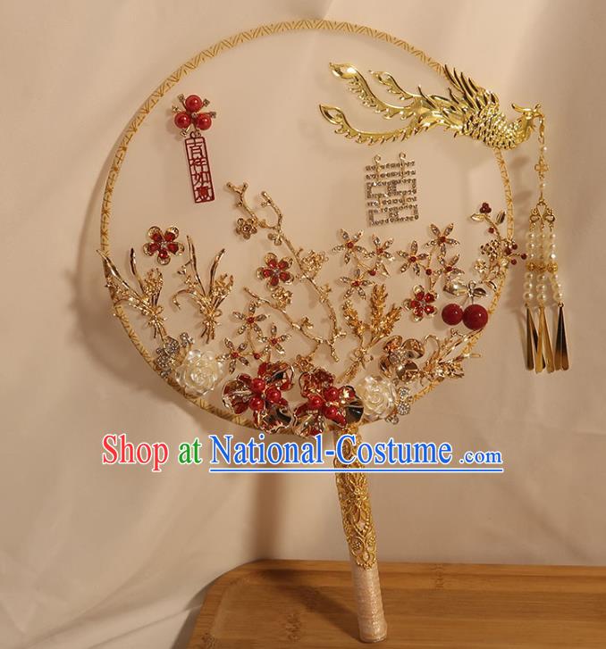 China Traditional Wedding Red Cherry Circular Fan Classical Dance Silk Fan Handmade Bride Shell Rose Palace Fan