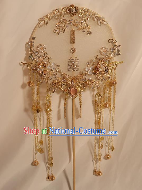 China Classical Dance Circular Fan Traditional Wedding Golden Butterfly Tassel Fan Handmade Bride White Silk Palace Fan