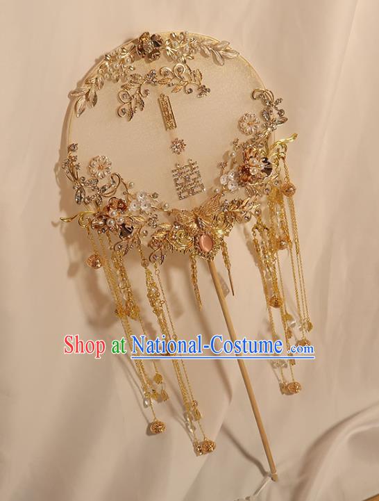 China Classical Dance Circular Fan Traditional Wedding Golden Butterfly Tassel Fan Handmade Bride White Silk Palace Fan