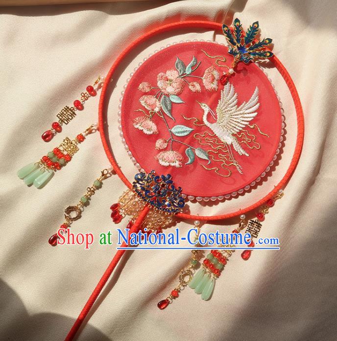 China Handmade Hanfu Embroidered Crane Flowers Silk Fan Traditional Wedding Palace Fan Ancient Princess Red Circular Fan