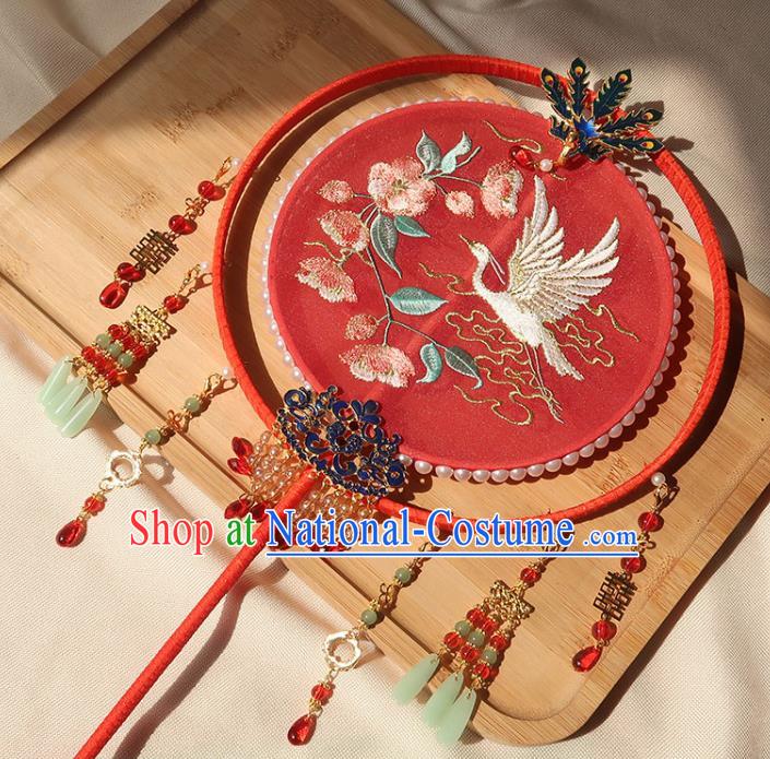 China Handmade Hanfu Embroidered Crane Flowers Silk Fan Traditional Wedding Palace Fan Ancient Princess Red Circular Fan