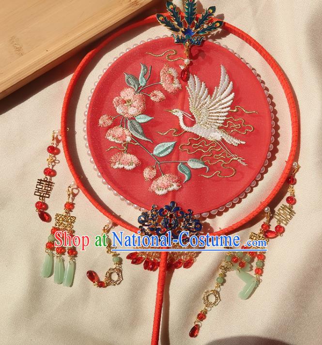 China Handmade Hanfu Embroidered Crane Flowers Silk Fan Traditional Wedding Palace Fan Ancient Princess Red Circular Fan