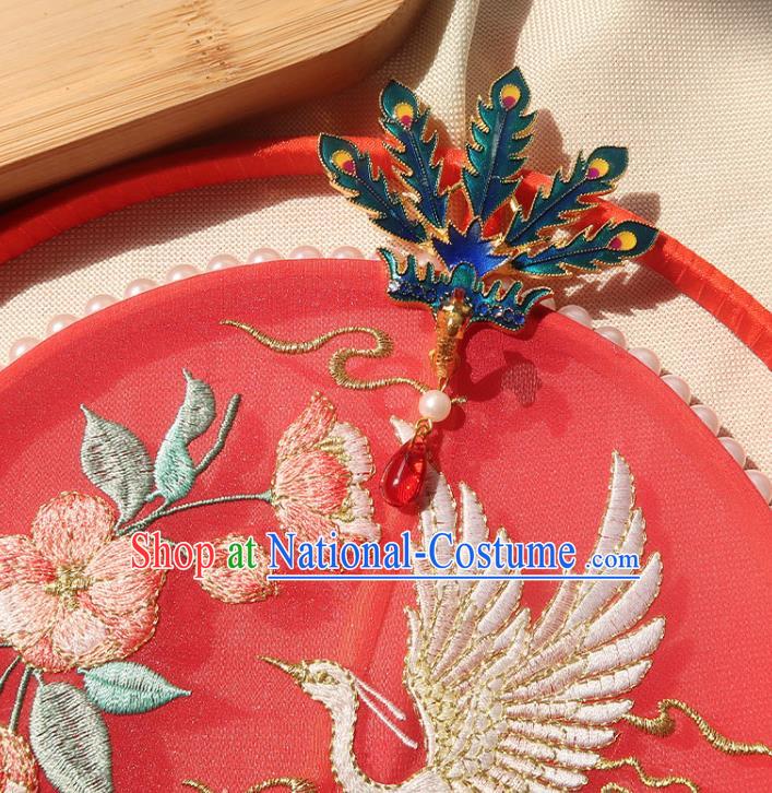 China Handmade Hanfu Embroidered Crane Flowers Silk Fan Traditional Wedding Palace Fan Ancient Princess Red Circular Fan