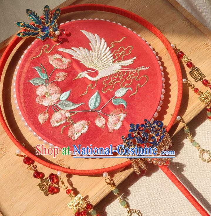 China Handmade Hanfu Embroidered Crane Flowers Silk Fan Traditional Wedding Palace Fan Ancient Princess Red Circular Fan