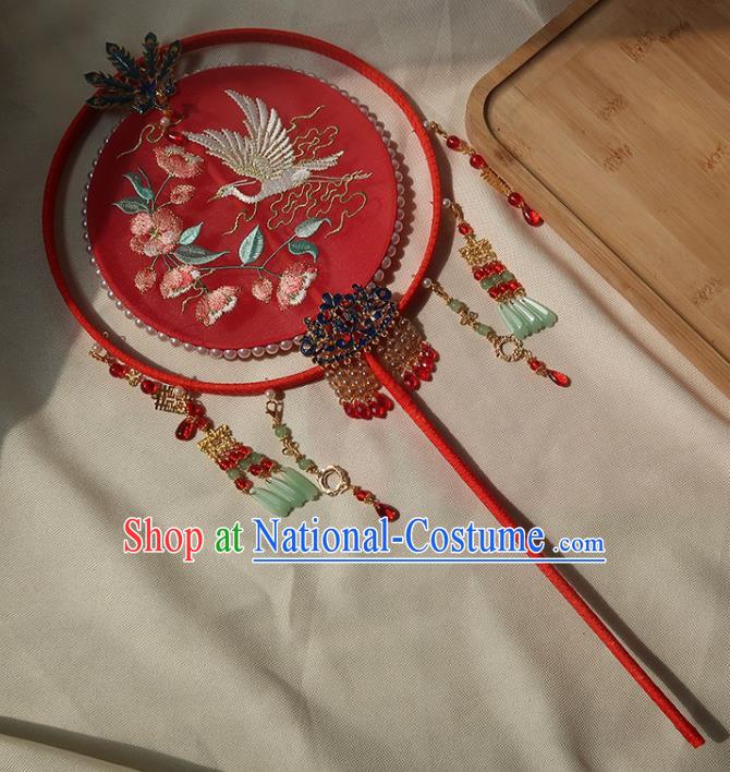 China Handmade Hanfu Embroidered Crane Flowers Silk Fan Traditional Wedding Palace Fan Ancient Princess Red Circular Fan