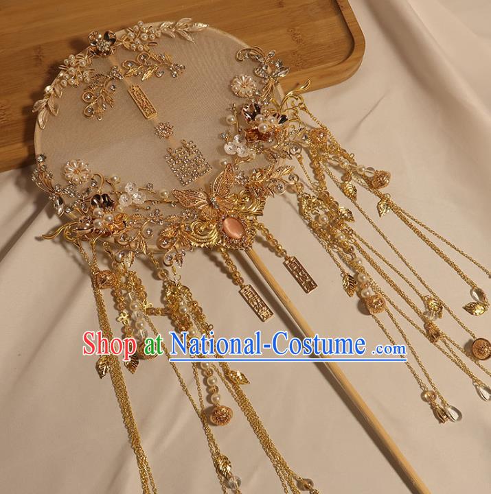 China Classical Dance Circular Fan Traditional Wedding Golden Butterfly Tassel Fan Handmade Bride White Silk Palace Fan