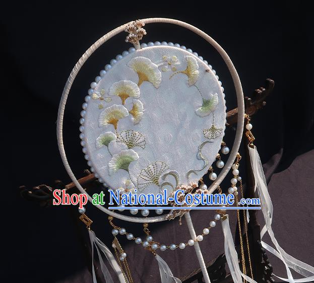 China Classical Hanfu Light Blue Silk Fan Handmade Embroidered Ginkgo Palace Fan Traditional Wedding Ribbon Tassel Fan