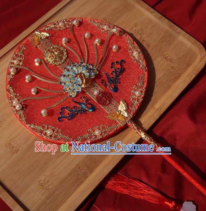 China Handmade Bride Palace Fan Classical Dance Cloisonne Peacock Fan Traditional Wedding Circular Fan