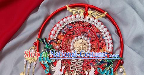 China Traditional Hanfu Pearls Circular Fan Handmade Blueing Phoenix Palace Fan Classical Red Fan