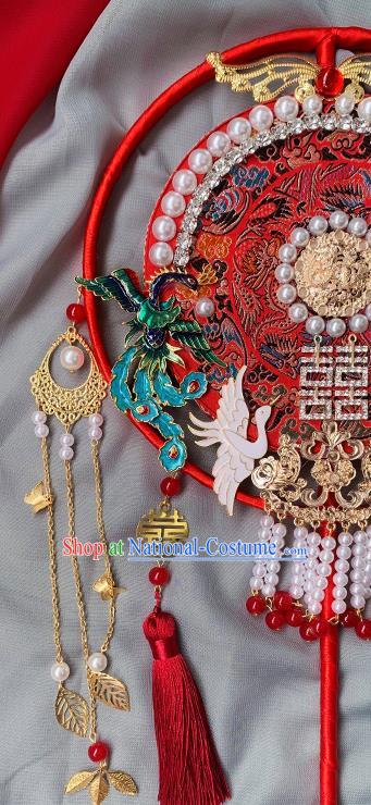 China Traditional Hanfu Pearls Circular Fan Handmade Blueing Phoenix Palace Fan Classical Red Fan