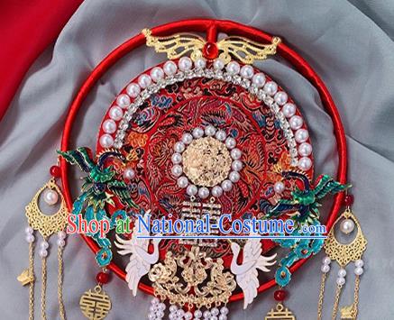 China Traditional Hanfu Pearls Circular Fan Handmade Blueing Phoenix Palace Fan Classical Red Fan