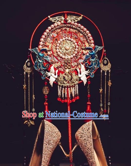 China Traditional Hanfu Pearls Circular Fan Handmade Blueing Phoenix Palace Fan Classical Red Fan