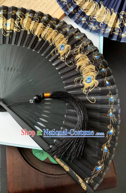 Chinese Classical Black Silk Accordion Fans Printing Peacock Feather Folding Fan Handmade Bamboo Fan