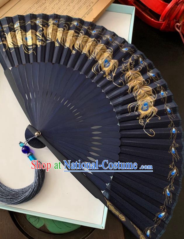 Chinese Handmade Bamboo Fan Classical Navy Blue Silk Accordion Fans Printing Peacock Feather Folding Fan