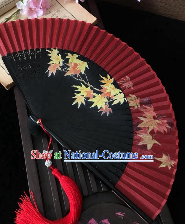 Chinese Handmade Bamboo Fan Printing Maple Leaf Folding Fan Classical Dance Red Silk Accordion Craft