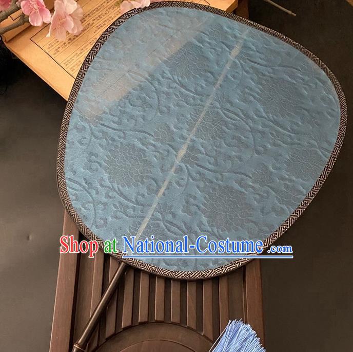 China Classical Hanfu Fan Handmade Jacquard Peony Blue Silk Fan Traditional Ancient Song Dynasty Princess Palace Fan